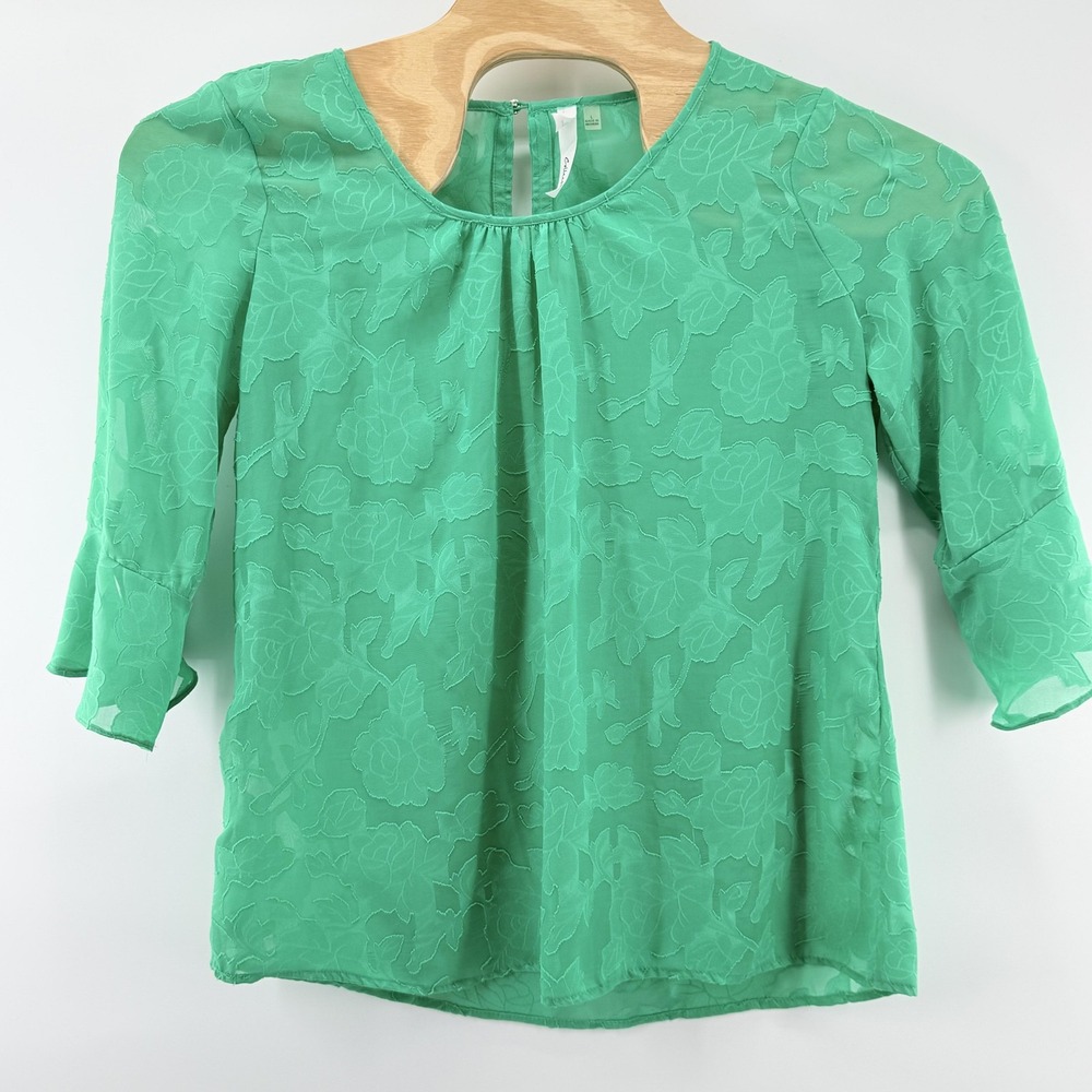 NY Collection Blouse Large Green Floral Semi Sheer Pullover Career Office Work